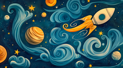 Wall Mural - a whimsical illustration of outer space featuring planets, stars, and a rocket amidst swirling patte