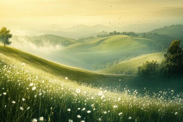 Fototapete - Gentle landscape featuring rolling hills and small flowers in muted earth tones capturing the essence of Lapki spirit during the golden hour