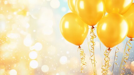 Wall Mural - Balloons in a Festive Light: A bunch of vibrant yellow balloons floats against a bokeh backdrop of soft focus, creating an atmosphere of celebration and joy.