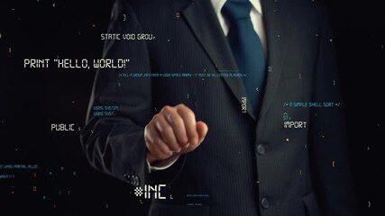 Wall Mural - businessman show hologram of programming coding allusive technology. virtual augmented reality gener