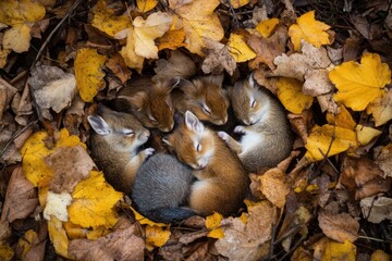 Poster - Forest animals enjoy an afternoon nap surrounded by colorful autumn leaves in Lapki woodland