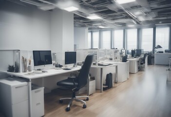 Wall Mural - place modern office work white perspective window empty floor design desk table clean decoration corporate view building business loft light new hall space chair concept furniture background open