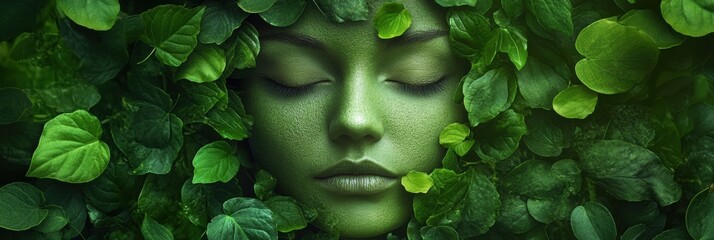 Fototapete - Face blending with green leaves creates a serene nature-themed portrait in a lush environment with soft lighting