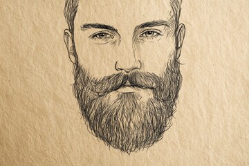 Poster - Artistic minimal illustration of a beard on craft paper texture background, showcasing simple and clean lines in a creative design