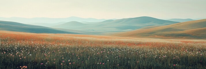 Leinwandbilder - Rolling hills adorned with delicate flowers create a serene landscape in muted earth tones during a tranquil afternoon