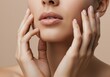 © PP Creative - Close-up of woman soft lips and manicured hands gently touching face in neutral toned setting for skincare and beauty themes
