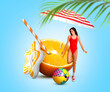 © New Africa - Summer vibe. Happy woman, beach ball, swim ring and half of orange on light blue background, creative collage