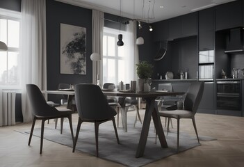 Wall Mural - apartment empty panorama design wall room table dining living dark 3d chairs interior rendering modern simple wooden floor decor scandinavian stylish contemporary style white clean background indoor