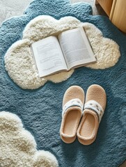 Poster - Cozy interior detail featuring a cloud-shaped rug with slippers and an open book for a relaxing reading space