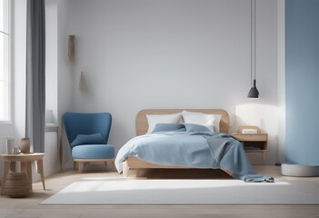Wall Mural - wood wall interior white blue table 3d empty chair bed room concept lounge rendering bedside design bedroom scandinavian background sofa decorative window tone furniture illustration contemporary