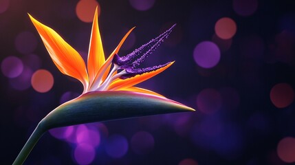 Wall Mural - Bird of paradise flower with orange and purple petals against bokeh background.