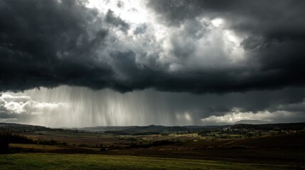 a dramatic stormy sky with dark clouds and heavy rain pouring down over a landscape.