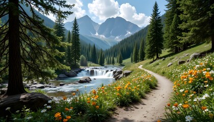 Wall Mural - Serene Pathway Through Towering Forests and Flowing Stream