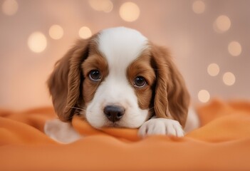 cute spaniel puppy copy space orange background portrait green young studio beautiful doggy 1 animal