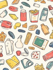 Aufkleber - Vibrant collection of food product patterns featuring various snacks and beverages on a light background