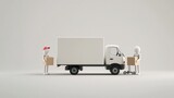 Minimalist scene of a white delivery truck with small figures and boxes, suggesting shipping or logistics. Clean, neutral background