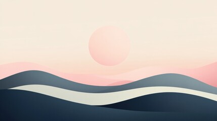 Fototapete - Pastel moon rises over gentle hills in a serene illustrated landscape during twilight hours