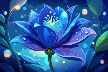 vector of Surreal closeup of an ethereal blue flower against a dreamy bokeh background with giant petals with soft focus dew drops creating an otherworldly botanical...