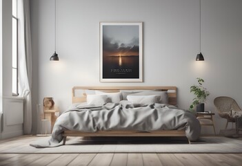 Wall Mural - blank hipster interior mock poster wall bedroom 3d apartment empty three-dimensional frame wood photo template modern render design banner white bedchamber urban advertising minimalist architecture