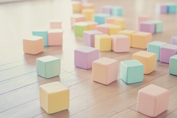 Poster - Pastel toy blocks scattered on natural wood floor create a clean, minimalist look for playful environments