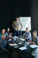 Poster - Portrait, team and happy business people in presentation meeting for coworking, about us or collaboration in startup. Face, group or creative workers together for writing notes with financial advisor