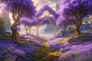 Wall Mural - fantasy lavender and gold lattice design in a magical digital landscape