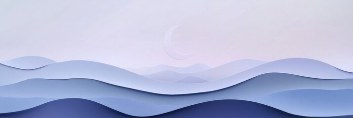 Aufkleber - Pastel paper moon glows softly above gentle hill silhouettes in a tranquil minimalist landscape at dusk