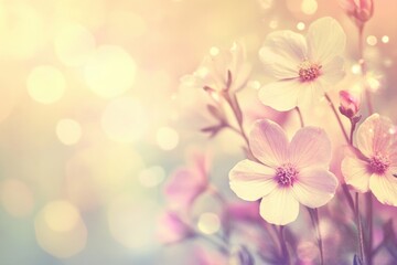 Poster - Soft bokeh flowers create a dreamy atmosphere against a pastel gradient background in a serene garden setting