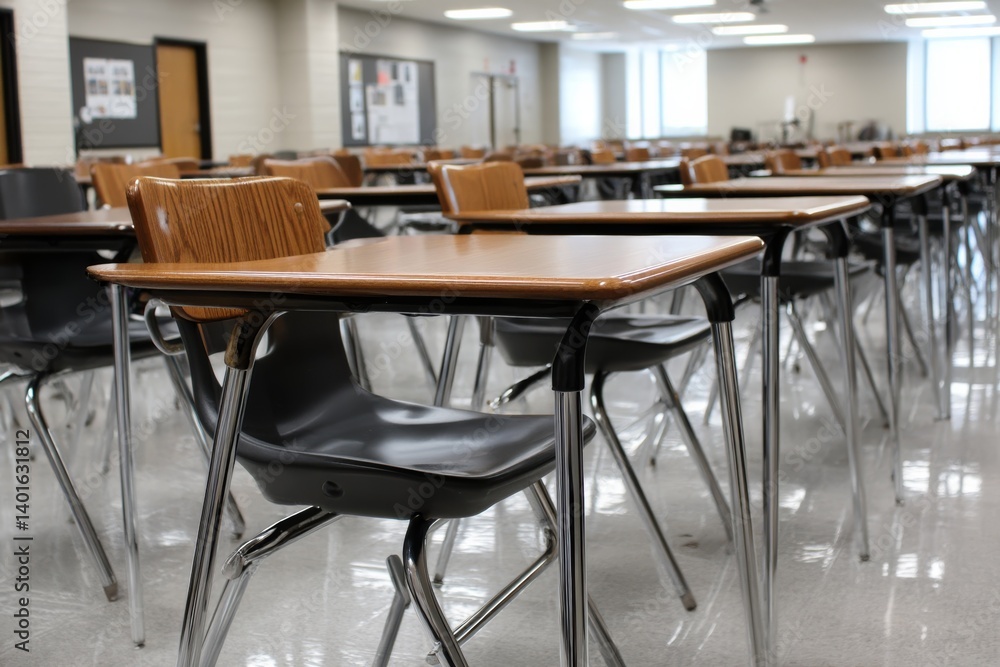 Classroom desks and chairs arranged in rows, ready for students in a bright and tidy classroom environment. Clean, organized, and orderly setup.
