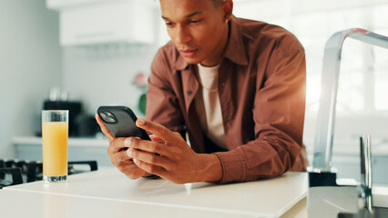 Fototapete - University, results or man with phone in home for learning application, texting or education. Social media, mobile or student on portal to sign up for academic registration or scholarship test marks