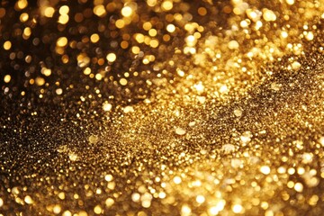 Wall Mural - a close-up view of a shimmering gold glitter on a dark black backdrop.