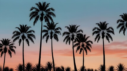 Line of palm tree silhouettes forming a natural border with a pastel blue and coral sky