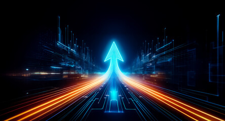 Wall Mural - a glowing blue arrow ascends dynamically through a digital space, illuminated by streaks of orange l