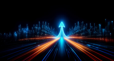 Wall Mural - glowing blue arrow points upwards, surrounded by streaks of light on a dark background, suggesting f