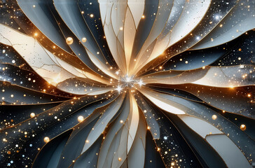 Wall Mural - elegant abstract floral design with swirling petals in grey, white, and gold hues. glittering sparkl