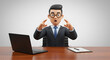 © Gambar - Cartoon businessman in disbelief at his desk facing a laptop with office objects portraying unexpected business obstacles