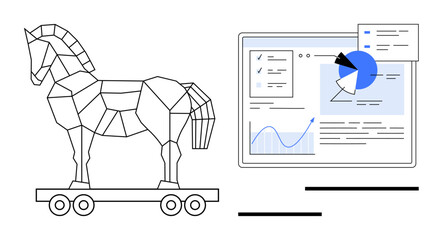 Geometric Trojan horse next to analytics dashboard with pie chart, graphs, and data fields. Ideal for cybersecurity, hacking, software, technology, data security, analysis simple landing page