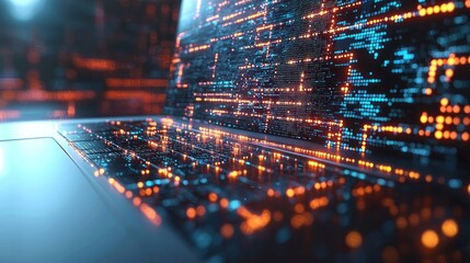 Close-up of laptop screen displaying glowing digital code.