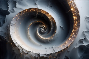 Wall Mural - abstract swirling spiral design in grey and white, accented with golden lights. creates a dimensiona
