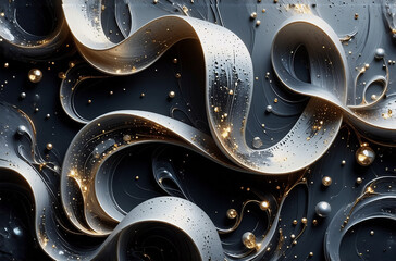Wall Mural - elegant abstract design featuring flowing ribbons in shades of gray and white, adorned with shimmeri