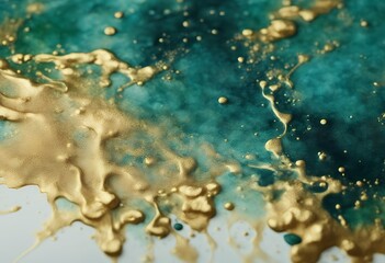 Wall Mural - texture deep abstract watercolor liquid teal backdrop background green color fluid paint gold colour