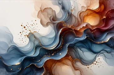 Wall Mural - abstract artwork featuring flowing shapes of blue, brown, and gold with glitter accents, creating a 