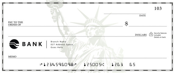 Wall Mural - bank check, vector blank money cheque, checkbook template with guilloche pattern and fields. currenc