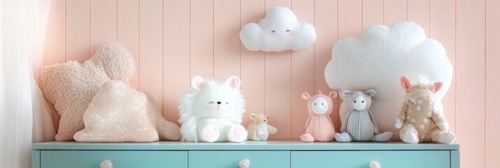 Fototapete - Pastel drawer arrangement featuring adorable animal toys and a charming cloud pillow in a cozy childrens room