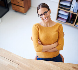 Leinwandbilder - Office, portrait and woman at desk with project in creative workplace and confident with arms crossed. Happy, person and finished hard work task, productivity and employee relax in startup or company
