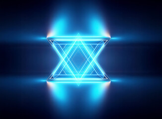 Wall Mural - a luminous blue geometric figure, resembling a star within a square border, emits a bright glow agai