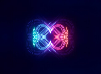 Wall Mural - vibrant symmetrical abstract art with glowing neon lines in blue, cyan, pink, and orange hues on a d