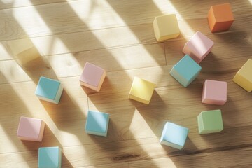 Poster - Pastel toy blocks scattered on a natural wood floor create a serene and minimalist atmosphere perfect for playtime