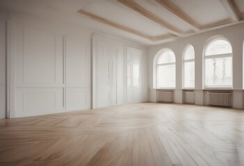 Wall Mural - oak ceiling modern idea space architecture concept design empty floor room walls white parquet open wooden interior windows classic hall new no people clean style inside decor indoor house background