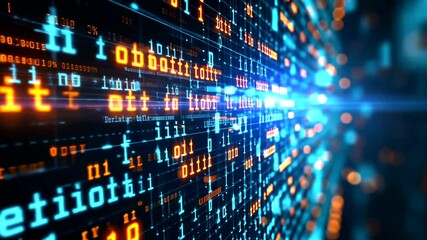 Dynamic view of binary code streams, vibrant blue and orange, creating depth and a technological texture